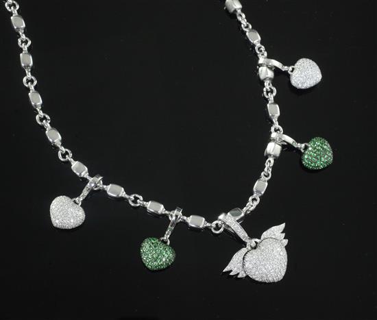 An attractive Theo Fennell 18ct white gold, diamond and green garnet necklace, 46cm.